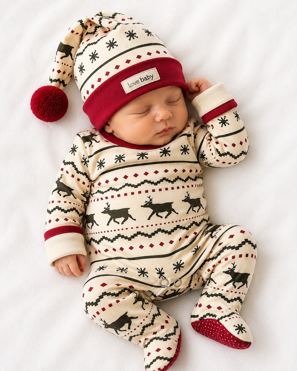Lovedbaby Organic Cotton Preemie NB Reindeer Footed Romper Hat Christmas Set